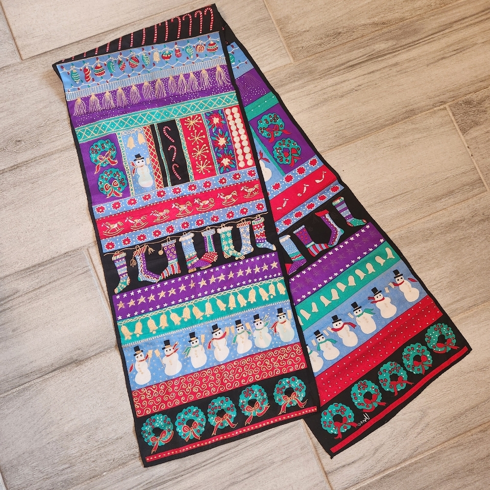 Vintage 90s Vera Scarf Unisex Silk Long Christmas Snowman Holidays Gifts Bells